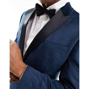 ASOS BLUE VELVET VELOUR SMOKING TUXEDO Jacket BLAZER Suit 42 Long Coat